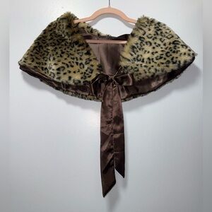 Leopard Print Faux Fur Wrap with Brown Satin Tie